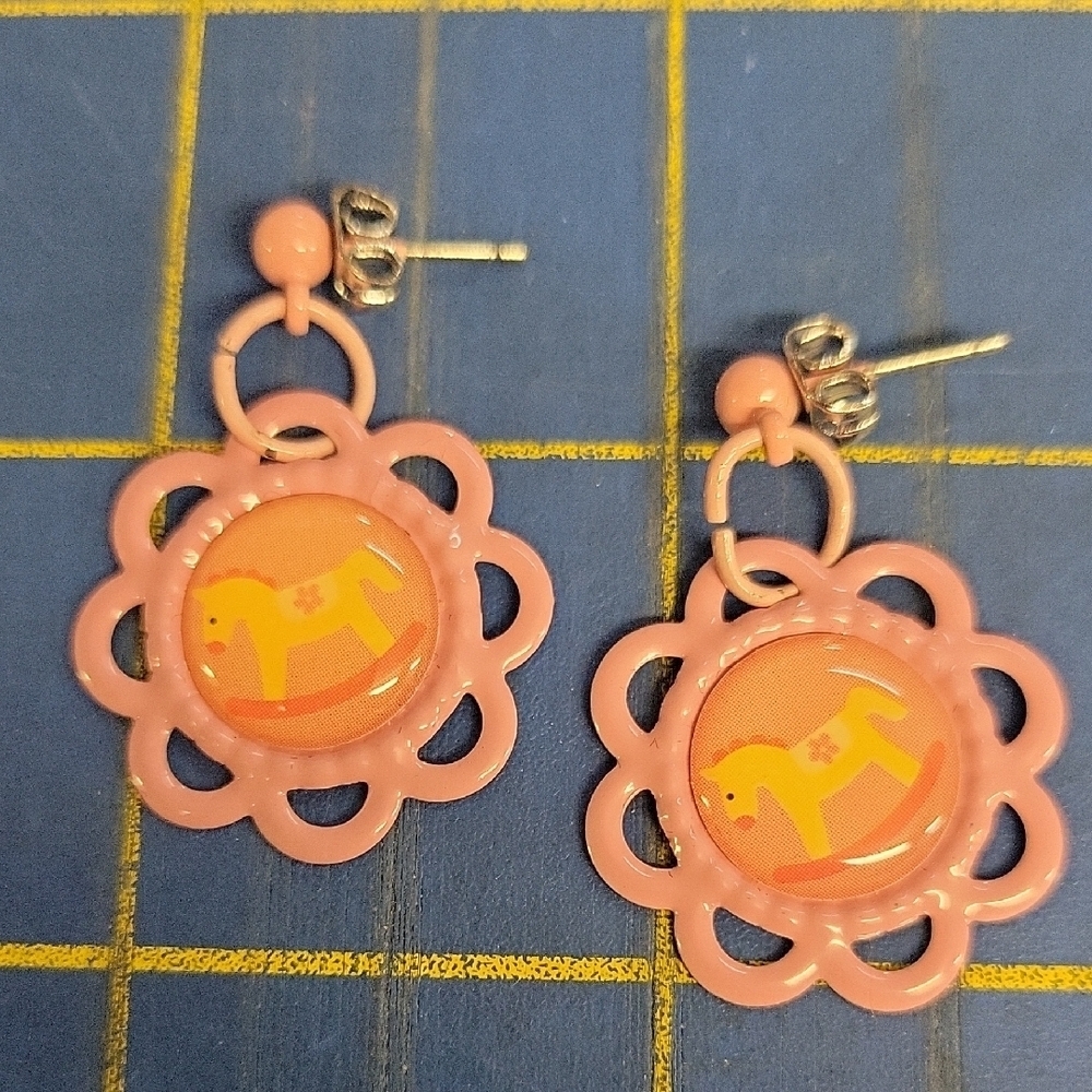 Pink Floral Earrings Yellow Rocking Horse Baby Girl